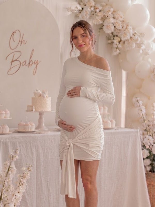 Momyknows White Oblique Shoulder Side Draped Lace-Up Bodycon Baby Shower Maternity Mini Dress - White - 2