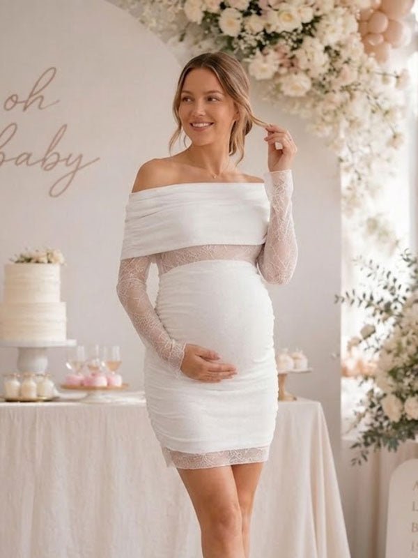 Momyknows White Oblique Shoulder Lace Ruched Bodycon Baby Shower Maternity Mini Dress - White - 2
