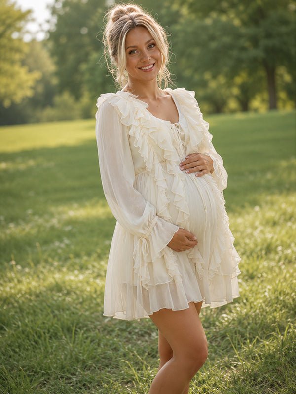 Momyknows Cute Apricot Falbala Lace Up Maternity Mini Dress - Apricot - 1