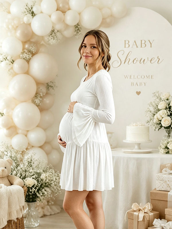 White Maternity Mini Dress with Flare Sleeves and Ruched Drop Waist Flared Fit