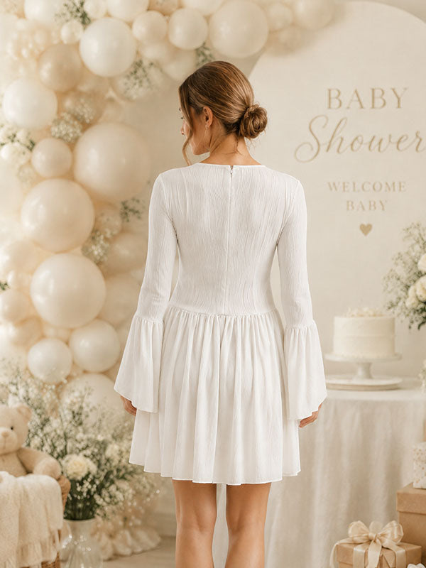 Elegant White Maternity Short Dress with Bell Flare Sleeves Tailored Silhouette