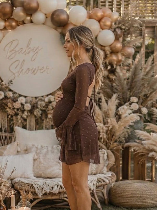 Brown Polka Dot Grenadine Maternity Mini Dress with Long Flare Sleeves Ruffled A-Line Fit