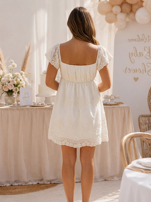 White Embroidery Lace Maternity Mini Dress with Wavy Edge Accents