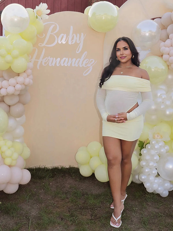 Yellow Mesh Fabric and Tulle Maternity Mini Dress with Cut Out Off Shoulder Fitted