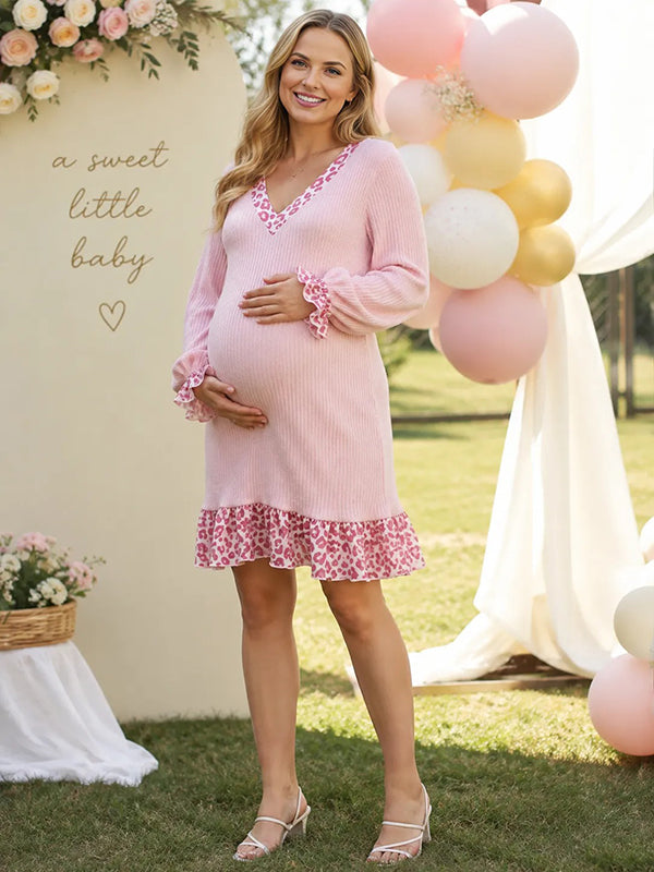 Pink Cheetah Maternity Mini Dress with Crochet Details and Bodycon Fit, Baby Shower