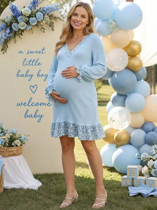 Blue Cheetah Maternity Mini Dress with Crochet Details and Bodycon Fit, Baby Shower