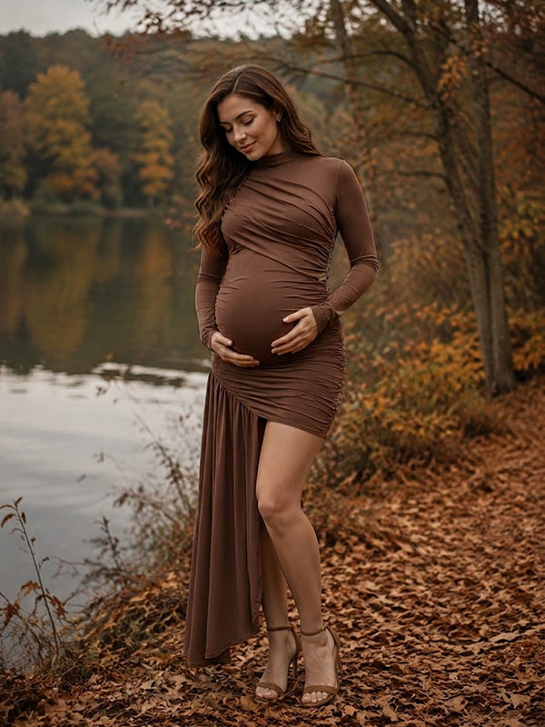 Coffee Irregular Ruched Maternity Mini Dress with Bodycon Fit, Photoshoot
