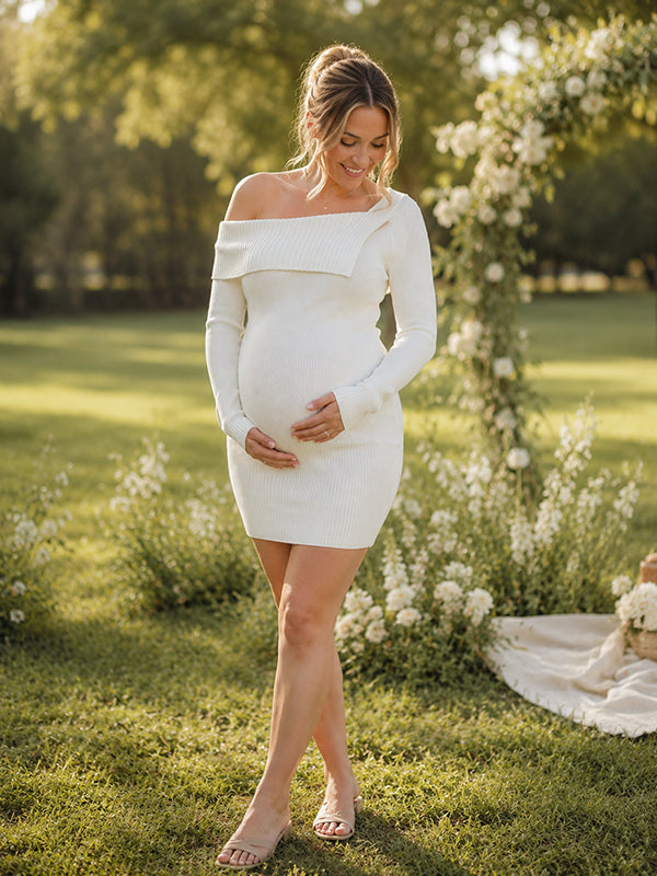 White Off Shoulder Maternity Mini Dress with Crochet Details and Elegant Silhouette, Photoshoot