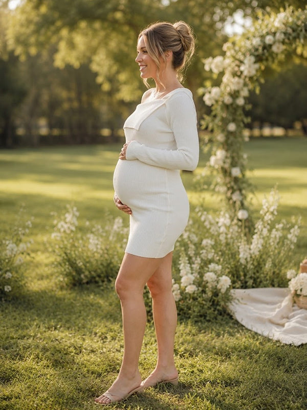White Off Shoulder Maternity Mini Dress with Crochet Details Flattering Fit