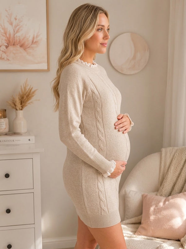 Apricot Crochet Maternity Dress with Lace Detailing Bodycon Fit