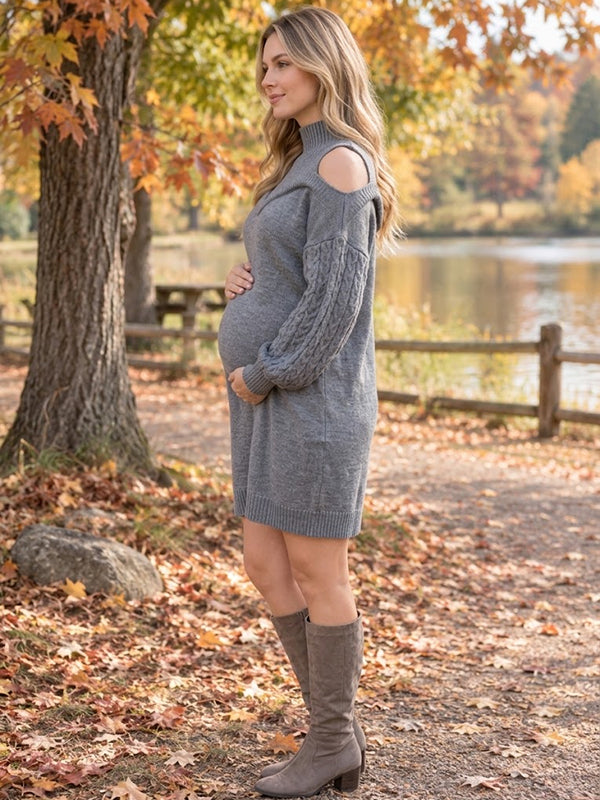 Grey Cold-Shoulder Maternity Dress with Open-Shoulder Accents Fitted Bodycon Silhouette