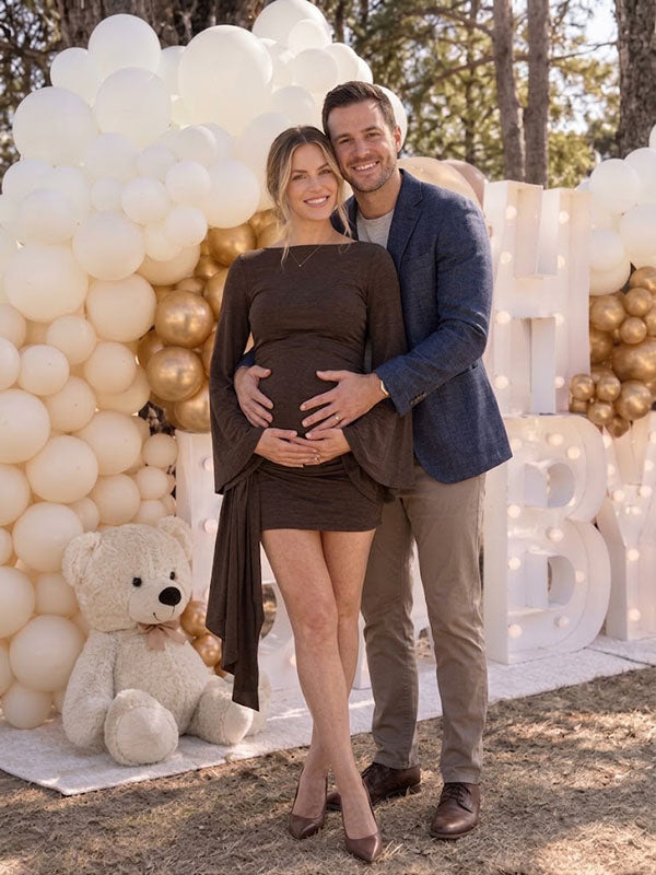 Brown Maternity Mini Dress with Bell Sleeves and Cascading Side Tie Slim Fit