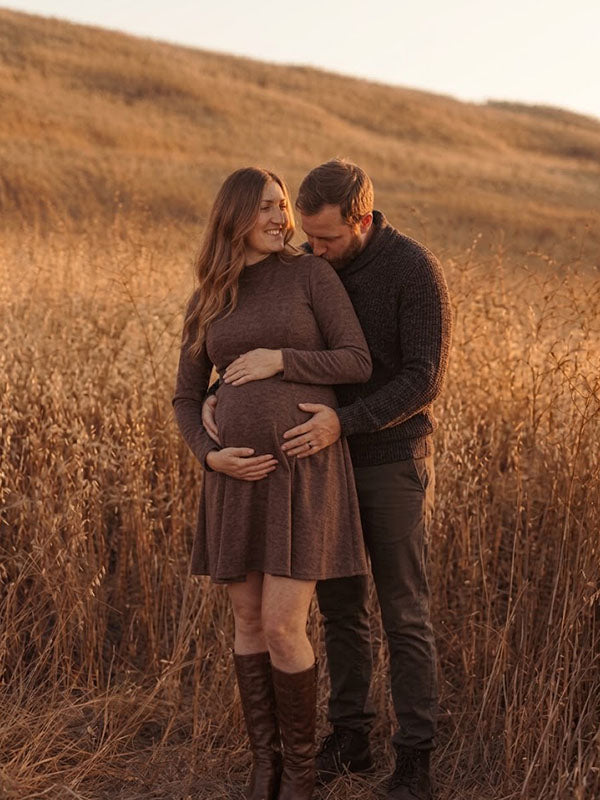 Brown Long Sleeve Maternity Dress with Buckled Belt and Flared Hem A-Line Fit