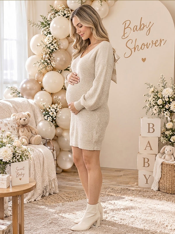 Beige Elegant Maternity Dress with Lace Up Bow Loose Silhouette