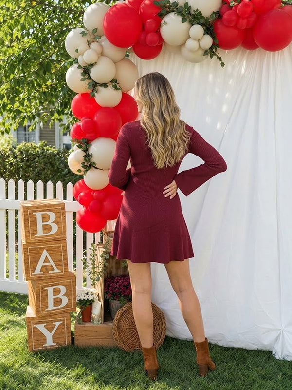 Wine Red Elegant Crochet Maternity Dress with Stylish Details A-Line Bodycon Cut
