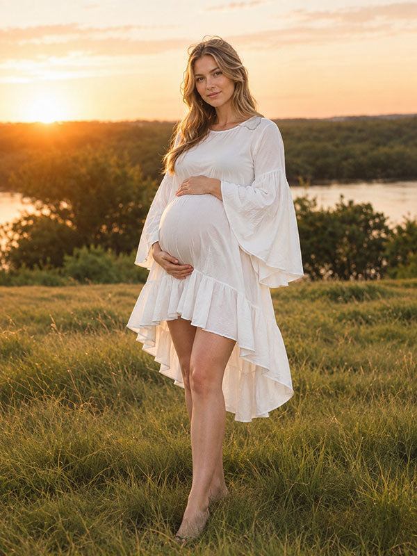 Bohemian White Flare Sleeve Maternity Smock Dress with High Low Hem for Photoshoots
