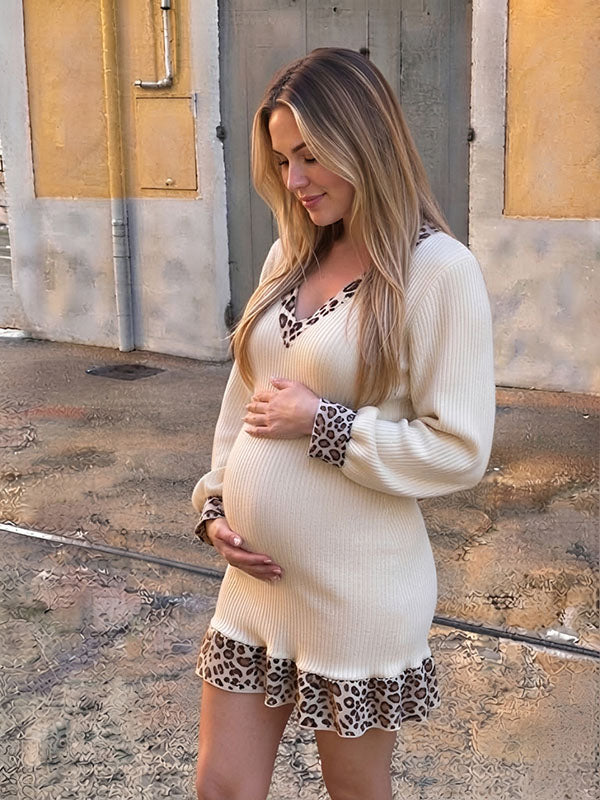 Beige V-Neck Knit Maternity Mini Dress with Animal Print Cuffs and Frill Street Style