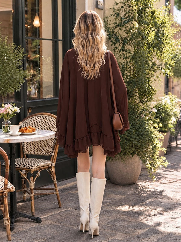Rich Chocolate Brown Chiffon Maternity Mini Dress with Sheer Ruffled Cape Top