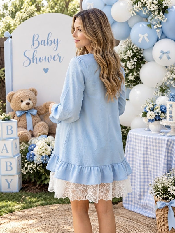 Blue Baby Shower Maternity Mini Dress with falbala and lace accents