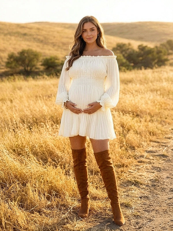 Beige Off Shoulder Pleated Maternity Mini Dress with Off Shoulder & Pleated Details with Lantern Sleeves and Loose Fit Mini, Photoshoot Wear