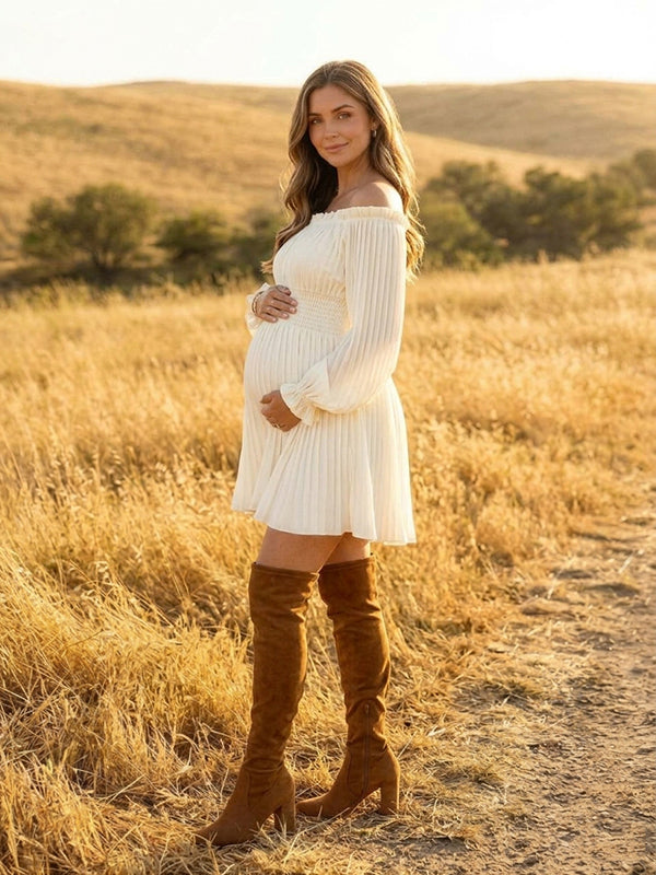 Beige Off Shoulder Pleated Maternity Mini Dress with Off Shoulder & Pleated Details with Lantern Sleeves Loose Fit Mini