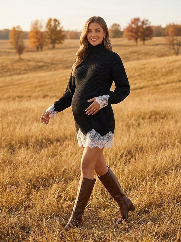 Black Vintage Lace Crochet High Neck Maternity Sweater Mini Dress with Lace Crochet Detailing, High Neck & Lantern Sleeves Bodycon Fit Mini