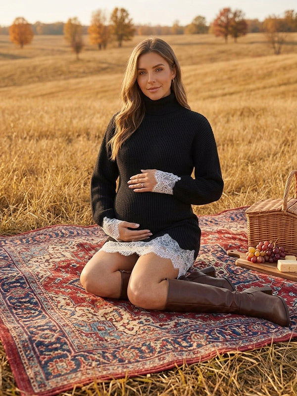 Black Vintage Lace Crochet High Neck Maternity Sweater Mini Dress with Lace Crochet Detailing, High Neck & Lantern Sleeves