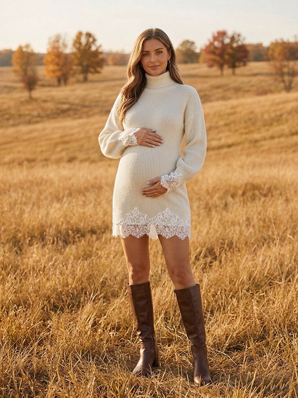 White Vintage Lace Crochet High Neck Maternity Sweater Mini Dress with Lace Crochet Detailing, High Neck & Lantern Sleeves and Bodycon Fit Mini, Daily Wear & Casual Outings