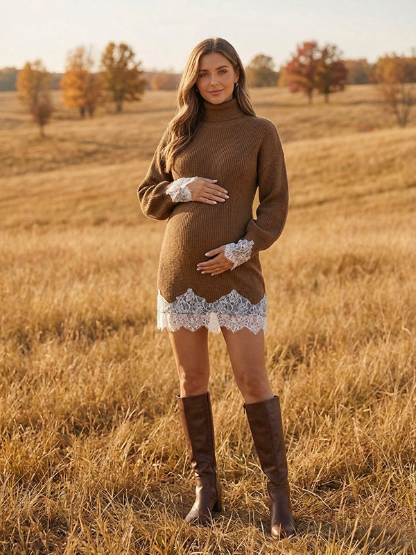 Brown Vintage Lace Crochet High Neck Maternity Sweater Mini Dress with Lace Crochet Detailing, High Neck & Lantern Sleeves and Bodycon Fit Mini, Daily Wear & Casual Outings