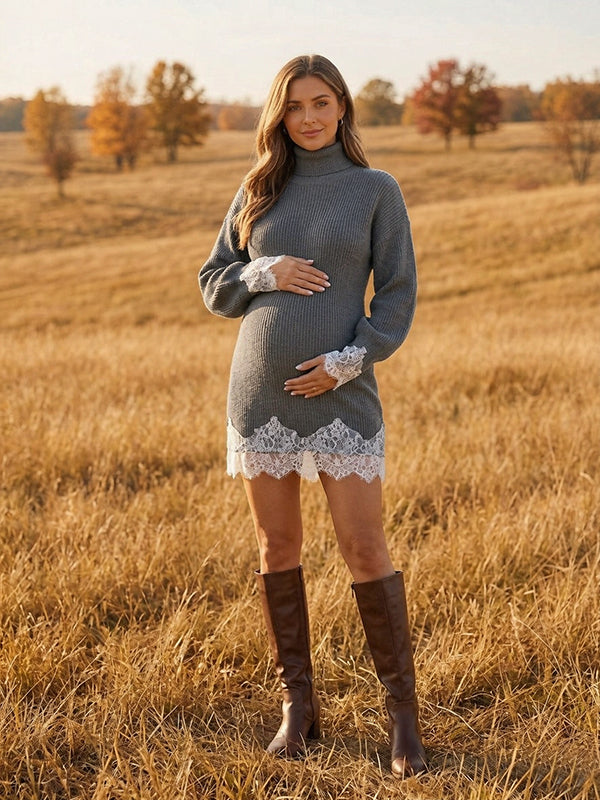 Grey Vintage Lace Crochet High Neck Maternity Sweater Mini Dress with Lace Crochet Detailing, High Neck & Lantern Sleeves and Bodycon Fit Mini, Daily Wear & Casual Outings
