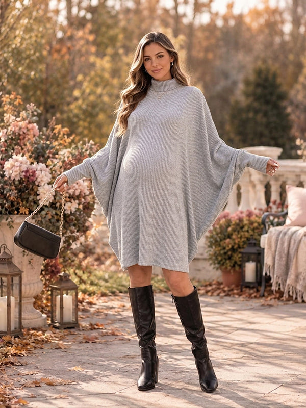 Grey Vintage Crochet Dolman Sleeve Maternity Sweater Midi Dress with Crochet Detailing, Dolman Sleeves & High Neck and Loose Fit High Neck Midi, Daily Wear & Casual Outings