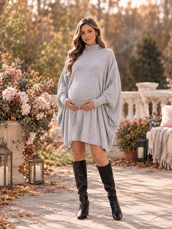 Grey Vintage Crochet Dolman Sleeve Maternity Sweater Midi Dress with Crochet Detailing, Dolman Sleeves & High Neck Loose Fit High Neck Midi