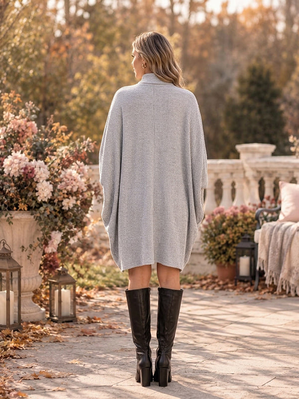 Grey Vintage Crochet Dolman Sleeve Maternity Sweater Midi Dress with Crochet Detailing, Dolman Sleeves & High Neck