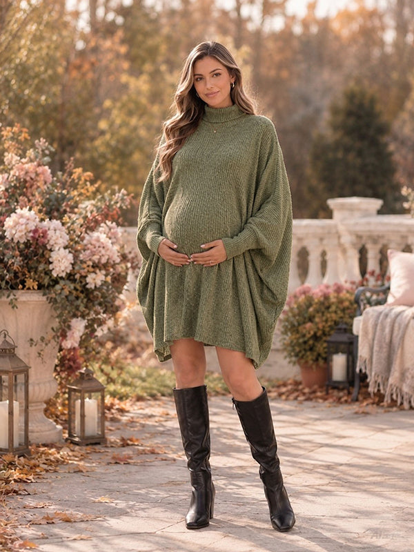 Green Vintage Crochet Dolman Sleeve Maternity Sweater Midi Dress with Crochet Detailing, Dolman Sleeves & High Neck and Loose Fit High Neck Midi, Daily Wear & Casual Outings
