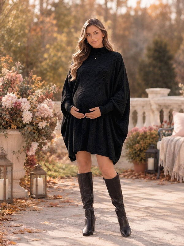 Black Vintage Crochet Dolman Sleeve Maternity Sweater Midi Dress with Crochet Detailing, Dolman Sleeves & High Neck and Loose Fit High Neck Midi, Daily Wear & Casual Outings