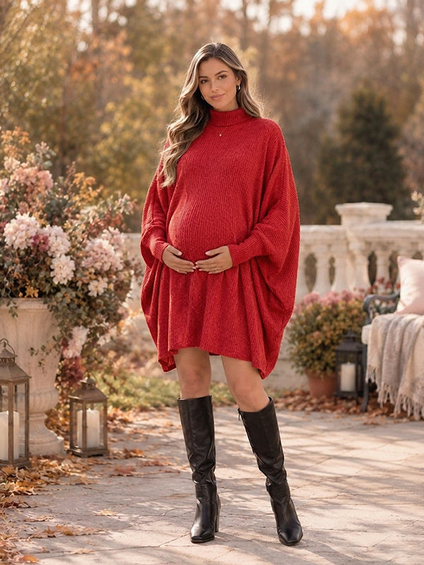 Red Vintage Crochet Dolman Sleeve Maternity Sweater Midi Dress with Crochet Detailing, Dolman Sleeves & High Neck and Loose Fit High Neck Midi, Daily Wear & Casual Outings