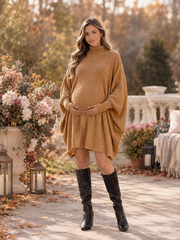 Brown Vintage Crochet Dolman Sleeve Maternity Sweater Midi Dress with Crochet Detailing, Dolman Sleeves & High Neck and Loose Fit High Neck Midi, Daily Wear & Casual Outings