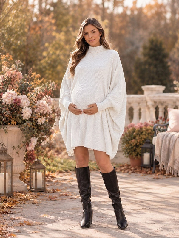 White Vintage Crochet Dolman Sleeve Maternity Sweater Midi Dress with Crochet Detailing, Dolman Sleeves & High Neck and Loose Fit High Neck Midi, Daily Wear & Casual Outings