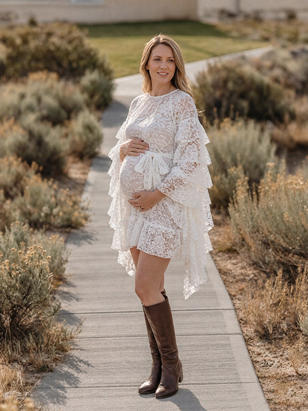 White Lace Falbala Belt Transparent Photoshoot Maternity Mini Dress