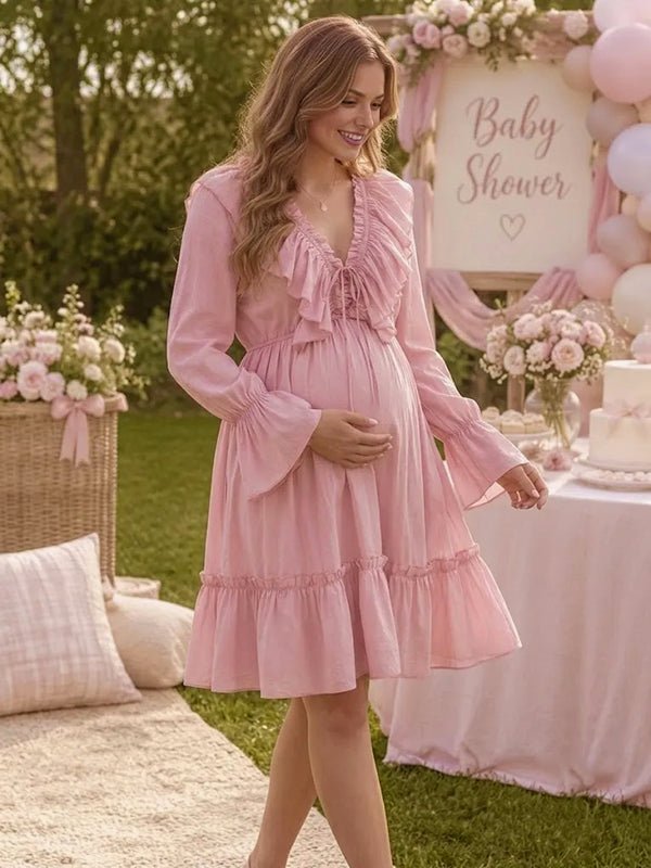 Momyknows Cute Lace Up Falbala Baby Shower Maternity Mini Dress - Pink - 2