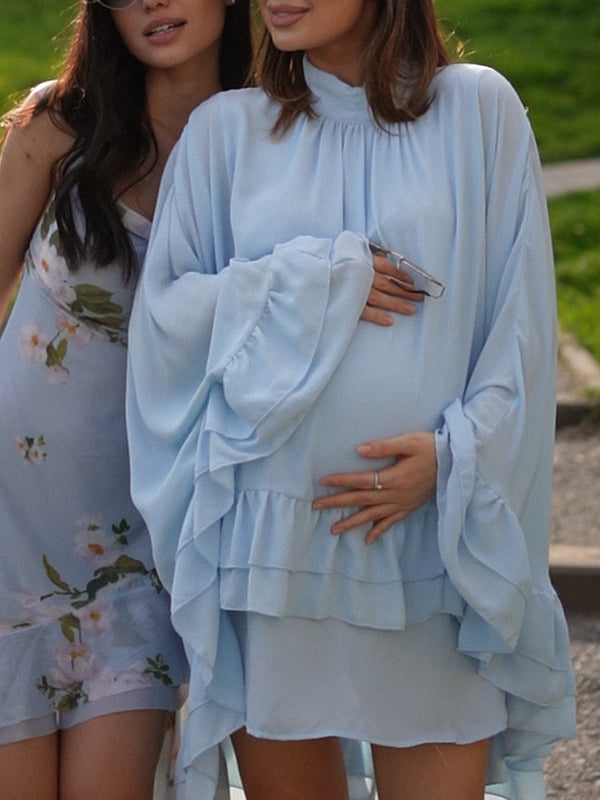 Momyknows Chic Blue Falbala Flowy Flare Sleeve Grenadine Baby Shower Maternity Mini Dress