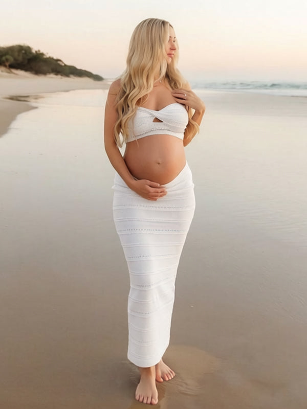 Momyknows Chic White Crochet Hollow Out 2-in-1 Bandeau Photoshoot Maternity Maxi Dress