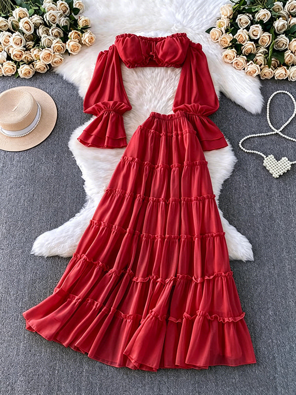 off shoulder flowy dresses Momyknows Elegant Red Ruffle Off Shoulder Flowy Falbala 2-in-1 Photoshoot Maternity Maxi Dress Red / M