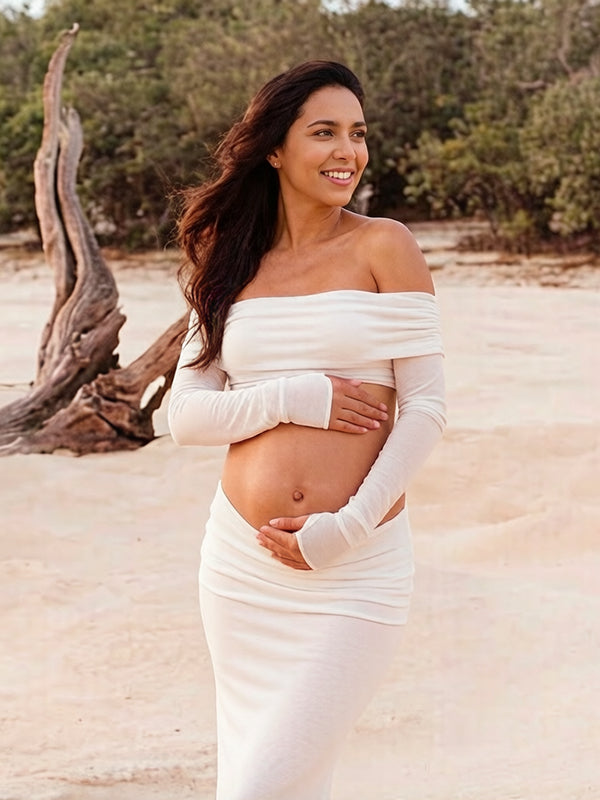 2 in 1 beach dress Momyknows Fashion White Off Shoulder Ruched 2-in-1 Bodycon Vacation Maternity Maxi Dress