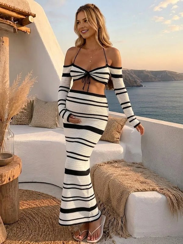 Momyknows White Chic Striped Crochet Halter Neck Lace Up 2-in-1 Maternity Maxi Dress - White - 1