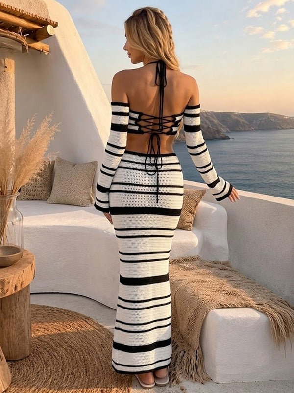 Momyknows White Chic Striped Crochet Halter Neck Lace Up 2-in-1 Maternity Maxi Dress - White - 3