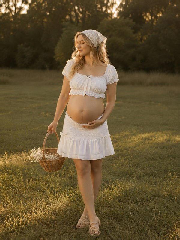 Momyknows White Cute Bow Falbala Off Shoulder 2-in-1 Maternity Photoshoot Maxi Dress - White - 1