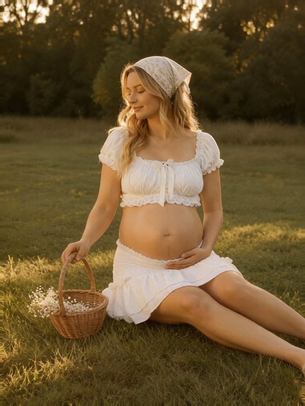 Momyknows White Cute Bow Falbala Off Shoulder 2-in-1 Maternity Photoshoot Maxi Dress - White - 3