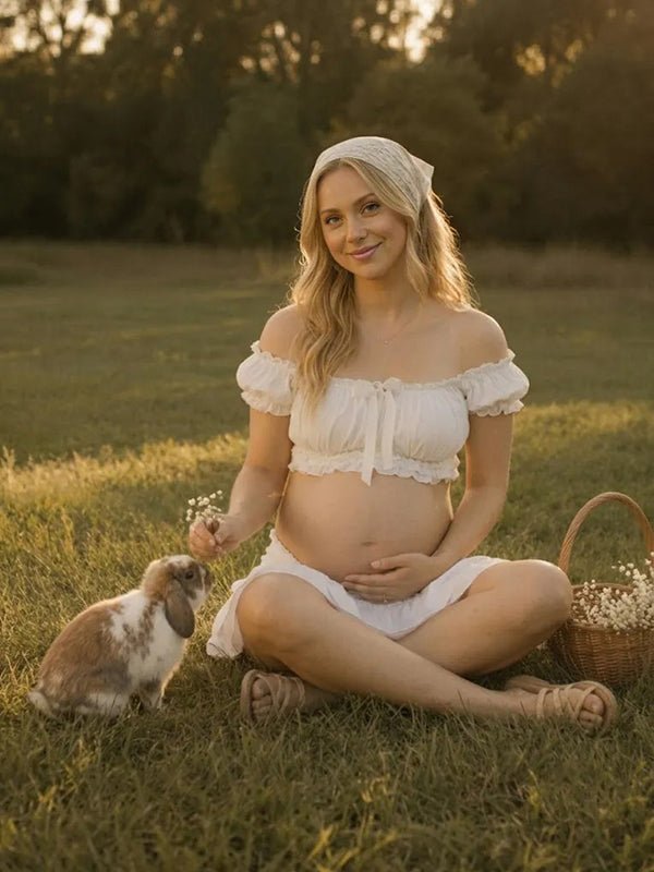 Momyknows White Cute Bow Falbala Off Shoulder 2-in-1 Maternity Photoshoot Maxi Dress - White - 2