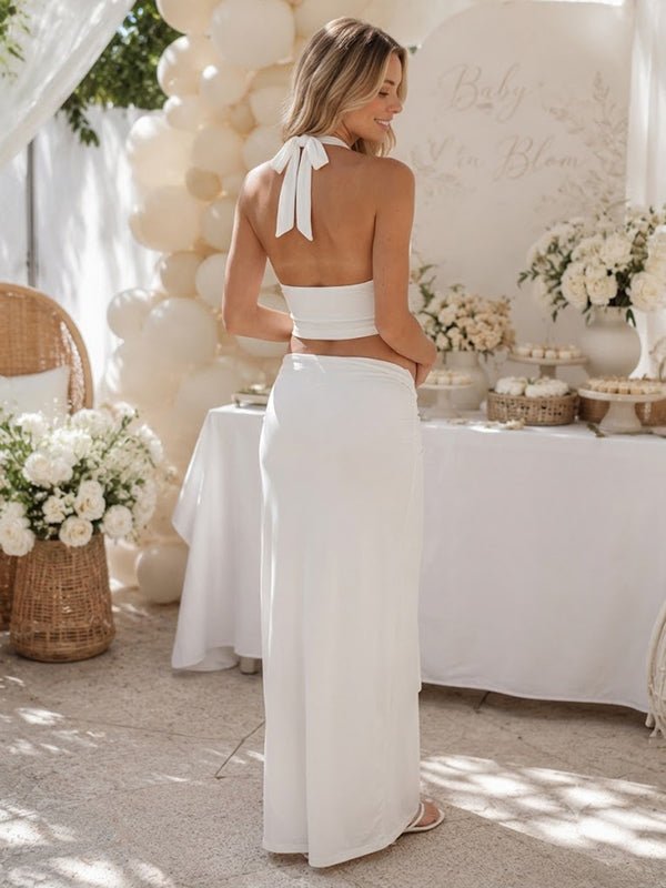Momyknows Chic Halter Neck Lace Up Draped Hem 2-in-1 Baby Shower Maternity Maxi Dress - White - 2